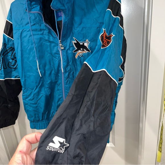VINTAGE SAN JOSE SHARKS WINDBREAKER MENS MEDIUM BLUE STARTER NHL JACKET FULL ZIP - Picture 5 of 8